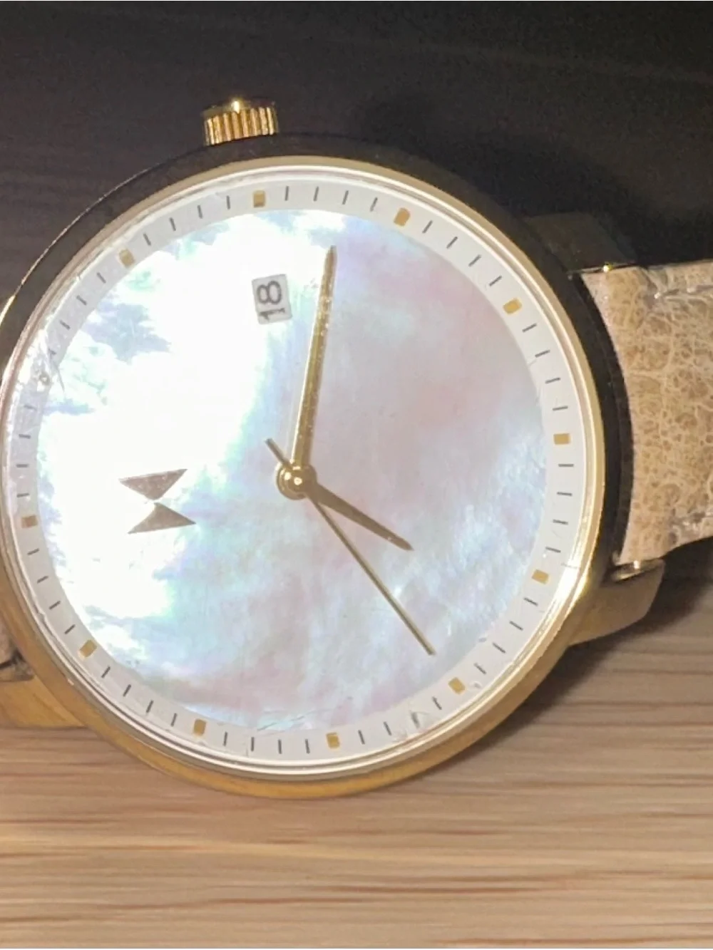 MVMT Women's Gold Case Iridescent Mother-of-Pearl Dial Watch with Beige Strap